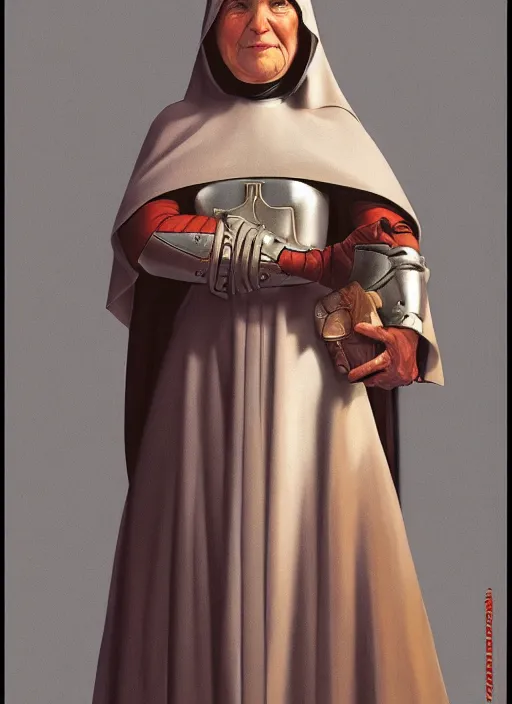 Image similar to a nun wearing a medieval armor. intricate detail armor. nun clothes. art by ralph mcquarrie, ralph mcquarrie artwork. portrait.