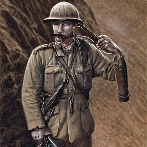 Image similar to a detailed photorealistic sepia - toned color portrait painting of a 1 9 1 7 worried clean - shaven british lieutenant in detailed field gear wearing a finely - detailed pith helmet in wadi rum, ultra realistic, intricate details, lovecraft, atmospheric, dark, horror, brooding, highly detailed, by clyde caldwell