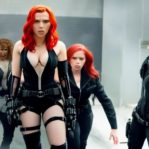 Prompt: movie still of Scarlett Johansson as Black Widow handling over her things to Avril Lavigne to be the new Black Widow