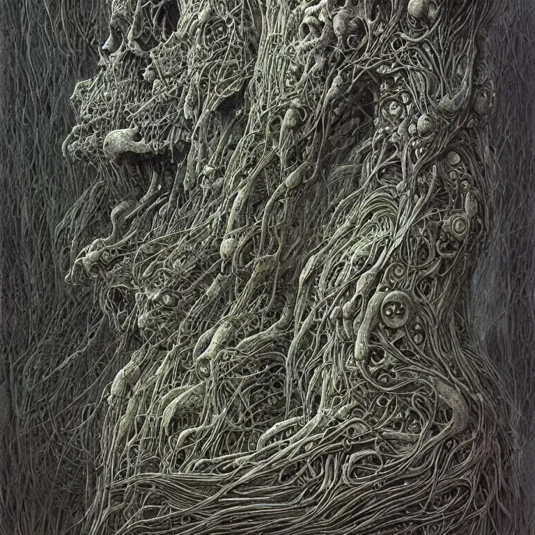 Prompt: organic cyborg alien skeleton alien centipede planet face style of peter gric Lovecraftian zdzislaw beksinski surrealism poster art