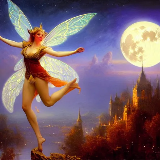 Image similar to attractive fairy magically floating high in the night, fantasy, full moon in background. highly detailed painting by gaston bussiere, craig mullins, j. c. leyendecker, mid shot, 8 k