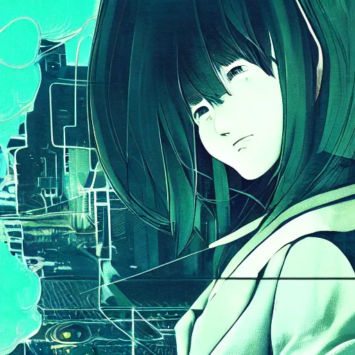 Image similar to Frequency indie album cover, luxury advertisement, yellow filter, white and gray colors. Clean and detailed post-cyberpunk sci-fi close-up schoolgirl in asian city in style of cytus and deemo, blue flame, relaxing, calm and mysterious vibes, by Tsutomu Nihei, by Yoshitoshi ABe, by Ilya Kuvshinov, by Greg Tocchini, nier:automata, set in half-life 2, Matrix, GITS, Blade Runner, Neotokyo Source, Syndicate(2012), dynamic composition, beautiful with eerie vibes, very inspirational, very stylish, with gradients, surrealistic, dystopia, postapocalyptic vibes, depth of field, mist, rich cinematic atmosphere, perfect digital art, mystical journey in strange world, beautiful dramatic dark moody tones and studio lighting, shadows, bastion game, arthouse