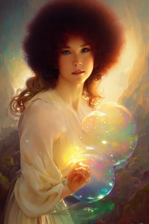 Prompt: bob ross, dreamy and ethereal,, fantasy, intricate, elegant, rainbow bubbles, highly detailed, digital painting, artstation, concept art, smooth, sharp focus, illustration, art by artgerm and greg rutkowski and alphonse mucha