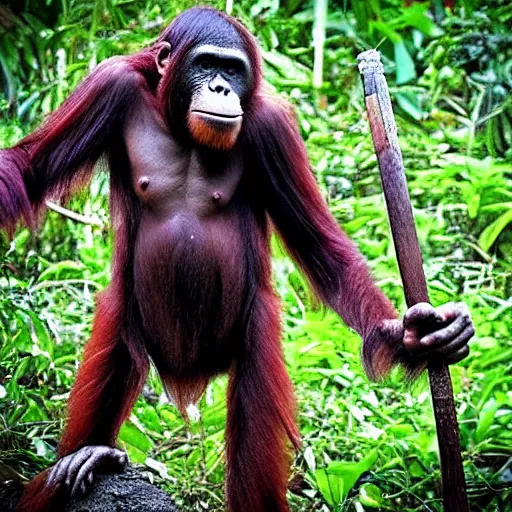 Image similar to “tall Goblin orangutan hybrid with mange holding a spear, jungle background”