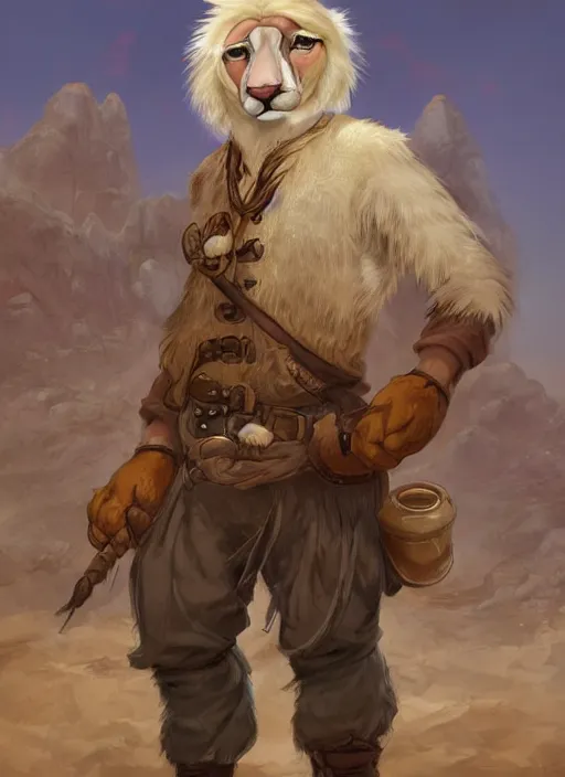 Prompt: fursona commission of a anthro albino mountain lion wearing old-timey miner's clothes. pretty, beautiful, DnD character art portrait, matte fantasy painting. Desert mining town. DeviantArt Artstation, by Jason Felix by Steve Argyle by Tyler Jacobson by Peter Mohrbacher, cinematic lighting