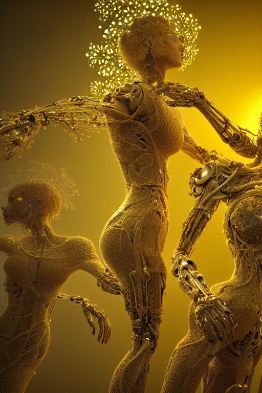 Image similar to intricate hyper detailed ultra sharp 3 d render, unity of mood, biomechanical cyborg ladies dancing, atmospheric, foliage, white large pore fungi, cyberpunk art nouveau, haute couture alexander mcqueen leaves stems colorful dahlias blooming transparent fractal filigree roots, intricate details, octane render, volumetric cinematic lighting, natural beautiful light, yellow infrared, lumiol, 8 k,