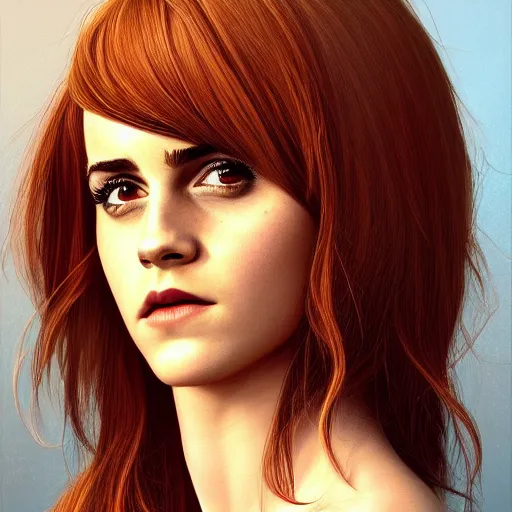 Image similar to Africa, beautiful portrait of a very funny actress Emma Watson whose face is shaped like a ginger red big monkey, face like monkey, Emma Watson actress blended monkey face, ape, powerful, dramatic lighting, intricate, wild, highly detailed, digital painting, cinematic, artstation, concept art, sharp edges and focus, illustration, art by artgerm and greg rutkowski and alphonse mucha