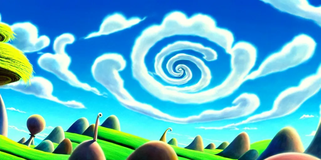Image similar to cartoon concept art, clean blue sky, spiral clouds, from lorax movie