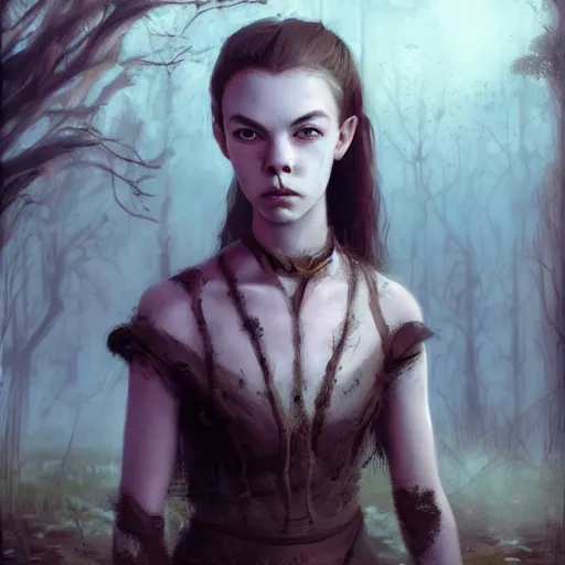 Prompt: fantasy portrait of a bald-headed girl in the style of Anya Taylor with black scars on her face, swamp vegetation in the backround, nocturnal palette, art by Greg Rutowski, Raphael Lacoste, Eddie Mendoza