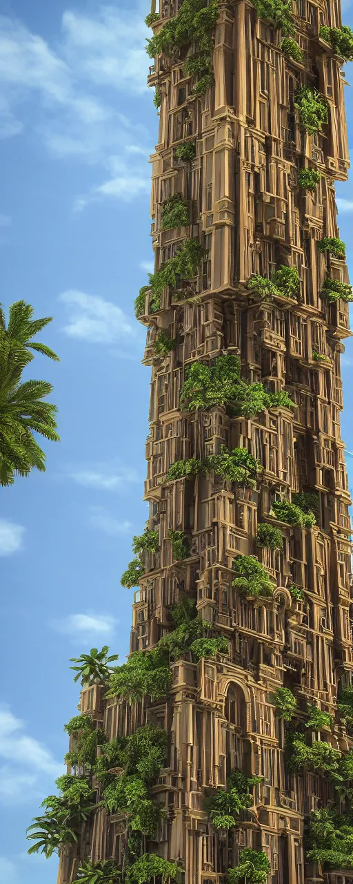 Image similar to epic eye level view of a contemporary tower, golden intricate details, stone facade, sacred architecture, hanging gardens, cascading highrise, arid mountains with lush palm forest, photorealistic, sunlight, 8 k, post - production, octane, cgi, sfx