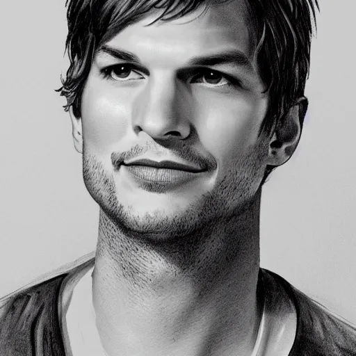 Prompt: matte drawing derogative detailed portrait of ashton kutcher