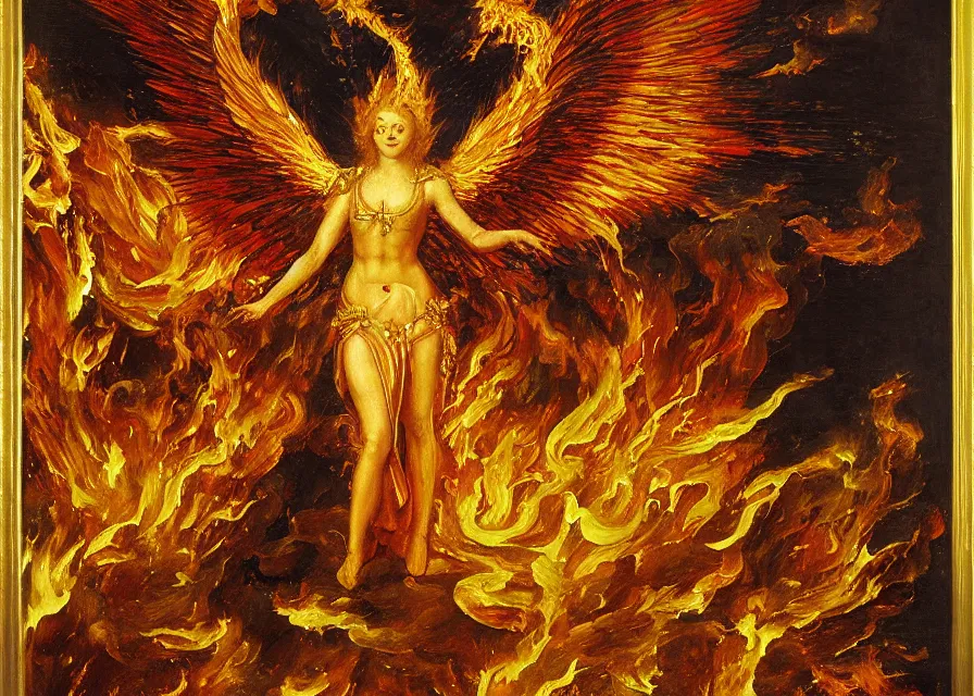 Image similar to firey archangel made of gold flying above a lake of fire, sparkling embers, renaissance oil painting