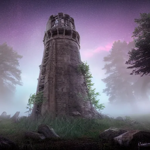 Image similar to wide angle shot of a ancient tower in a clearing of a fairytale forest at night under a starry sky, super moon, ethereal, pastel tones, mist and fog, concept art, blender render, highly detailed, 4 k, 8 k, artstation