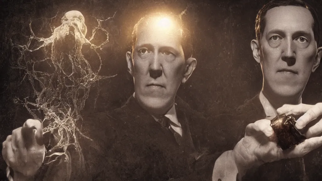 Prompt: Howard Phillips Lovecraft with a eldritch being in her hand. Surrealism, 8K, concept art, filmic, HDR, volumetric lighting