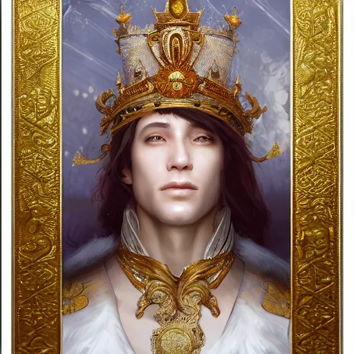 Prompt: a realistic king with decorated clothes made of white pearls and white plumes of swan, highly detailed, digital painting, Trending on artstation , HD quality, by artgerm and greg rutkowski and alphonse mucha, dramatic light, octane