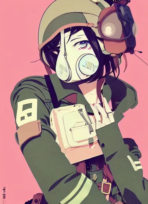 Image similar to singular girl with wearing ww 2 gas mask, ww 2 uniform, very anime!!! anime!! intricate details, aesthetically pleasing pastel colors, smoke poster background, art by conrad roset and ilya kuvshinov