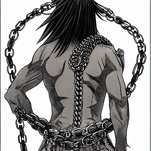 Image similar to A FULL BODY PORTRAIT FROM BEHIND OF TAKEZO FROM MANGA VAGABOND ,THE MAN KEEPS A KUSARIGAMA AND IT IS WRAPPED IN CHAINS ,detailed, concept art, ink style , sketch