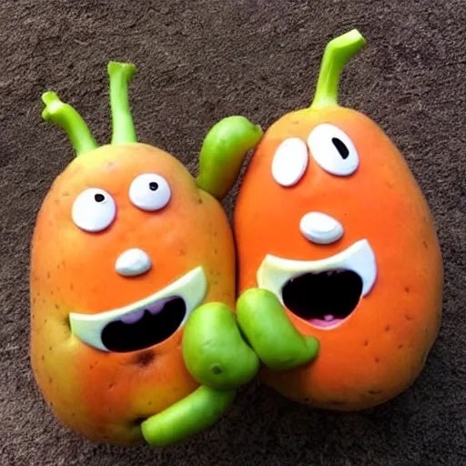 Prompt: a carrot an apple and a potato all with horrifying and cute faces at the same time, they dance with graceful steps and make strange gestures with their mouths