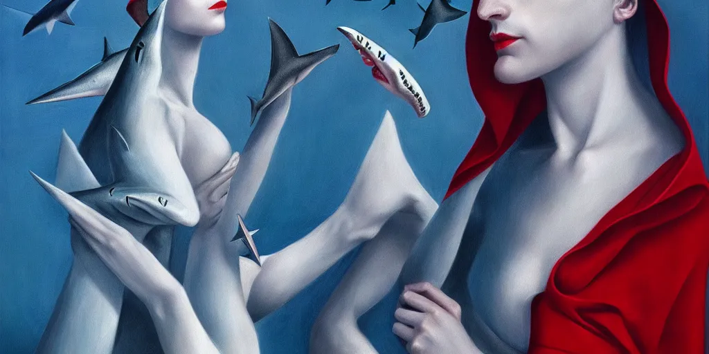 Prompt: high fashion shark, too many fins in all directions, in hoc signo vinces, waterfall, in the style of leonora carrington, gottfried helnwein, intricate composition, blue light by caravaggio, insanely quality, highly detailed, masterpiece, red light, artstation