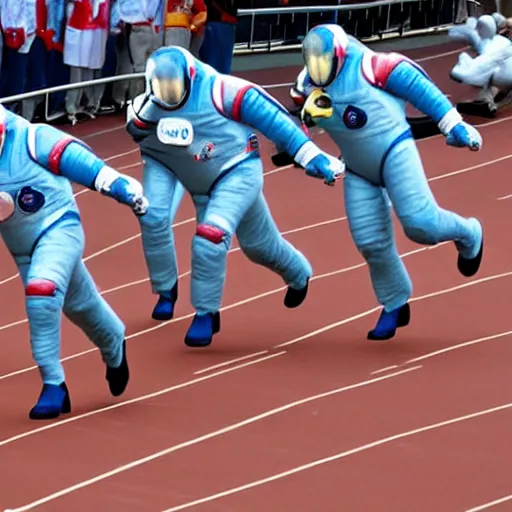 Image similar to 5 space astronauts in spacesuits running in a relay race in a stadium, each astronaut in different colors, olympic relay race. athens games