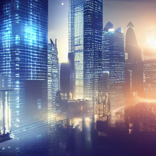 Prompt: glowing skyscrapers at night near a stone bridge, hyperrealistic landscape, hyperrealistic, intricate, smooth, sharp focus, insanely detailed, trending on artstation, concept art, unreal engine 5, perspective 3 d octane render, lens flare