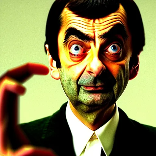 Prompt: mr. bean as osho. movie still. cinematic lighting.