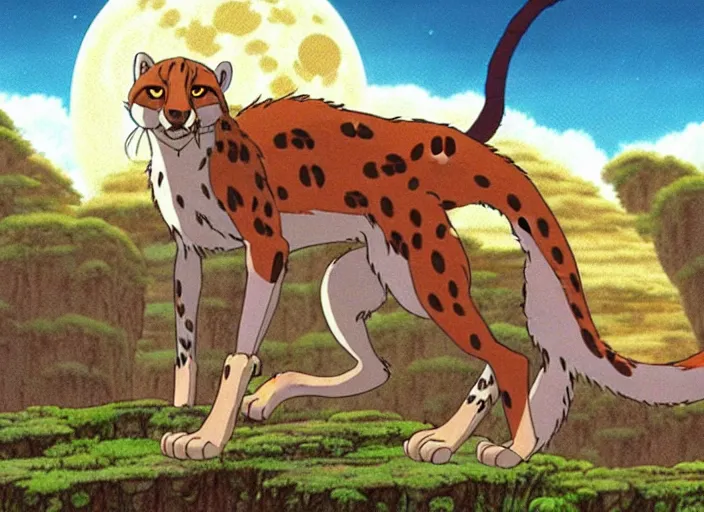 Image similar to a still from a studio ghibli movie of a cartoon cheetah from princess mononoke ( 1 9 9 7 ), in front of a pale full moon, full body, wide shot, very dull muted colors, studio ghibli, highly detailed, deviantart, art by artgem