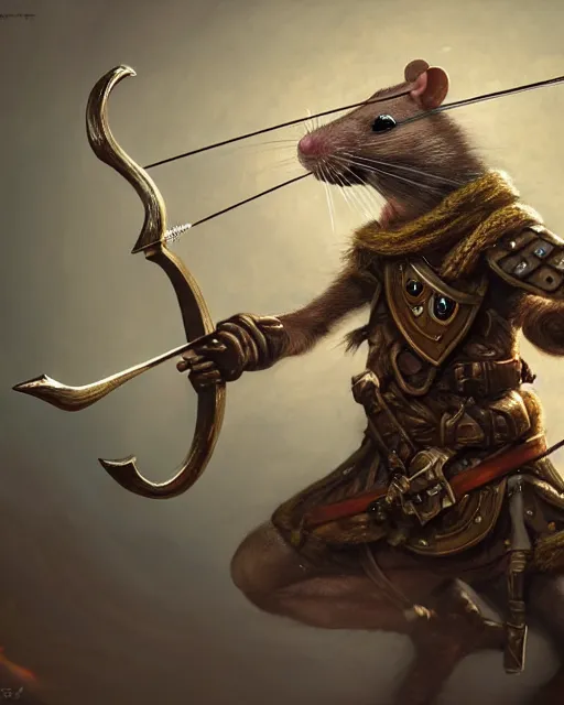 Image similar to closeup 2 8 mm anthropomorphic archer rat using a crossbow in a castle, d & d, fantasy, intricate, action pose, particle effects, highly detailed, digital painting, artstation, concept art, matte, sharp focus, volumetric lighting, illustration, hearthstone, art by artgerm, wlop, craig mullins, alphonse mucha