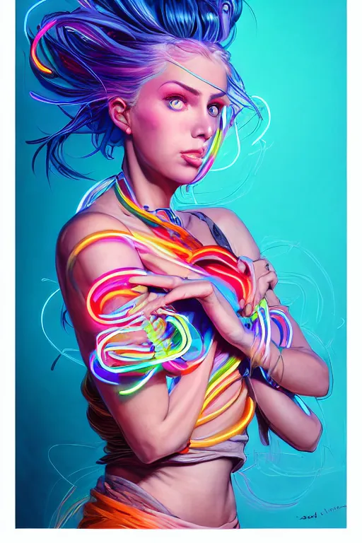 Image similar to a award winning portrait of a beautiful woman with stunning eyes in a one off shoulder croptop and cargo pants with rainbow colored hair, outlined by whirling illuminated neon lines and fine lines swirling in circles by jesper ejsing and rhads and makoto and shinkai and lois van baarle, digital art, trending on artstation