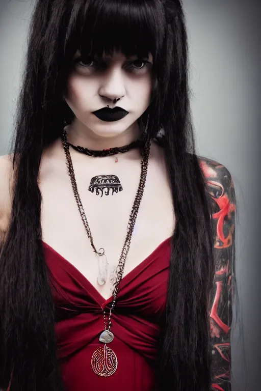 Prompt: Medium close-up portrait photo of a cute Goth girl wearing a very dark red dress, long dark hair, dark colors, tattoos, a large Ankh necklace, soft lighting, rich cinematic atmosphere, poster, 8k