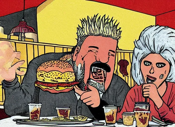 Prompt: guy fieri eating a giant bacon cheeseburger in flavortown, by edward gorey