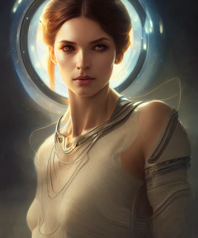 Image similar to futuristic young woman portrait, sci-fi, amber eyes, face, long hair, fantasy, intricate, elegant, highly detailed, digital painting, artstation, concept art, smooth, sharp focus, illustration, art by artgerm and greg rutkowski and alphonse mucha