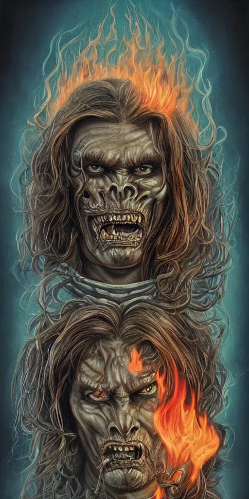 Image similar to giger doom demon portrait of a handsome satanic brown haired hippie with long hair and blue eyes, fire and flame, Pixar style, nightmare fuel, by Tristan Eaton Stanley Artgerm and Tom Bagshaw.