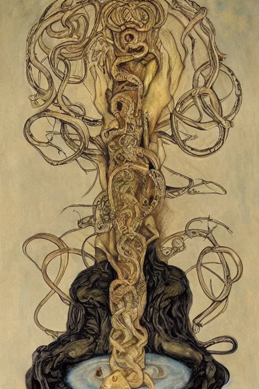 Prompt: the serpent of time coils around the uncertainty of being by austin osman spare and michael hussar, a highly detailed painting, symbolic occult art