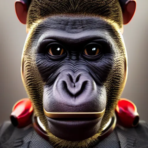 Image similar to Photography of ultra mega super hyper realistic detailed monkey by Hiromasa Ogura wearing cyberpunk style suit . Photo made from 30 meters distance on Leica Q2 Camera, Rendered in VRAY and DaVinci Resolve and MAXWELL and LUMION 3D, Volumetric natural light. Wearing cyberpunk suit with many details by Hiromasa Ogura .Rendered in VRAY and DaVinci Resolve and MAXWELL and LUMION 3D, Volumetric natural light