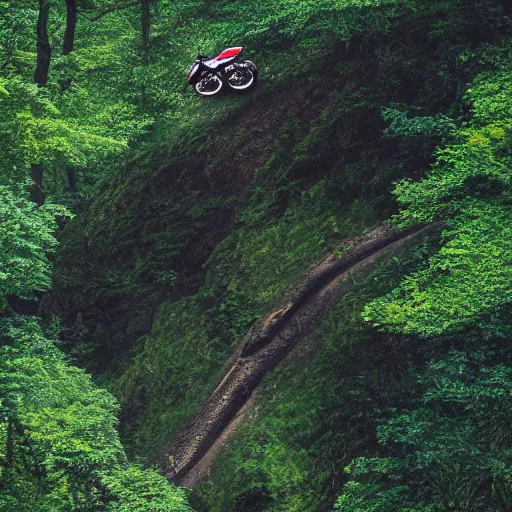 Prompt: low angle shot of a motorbike riding up to an imposing mountain peak through a dense forest. architectural design, top of poster abstract, artstation