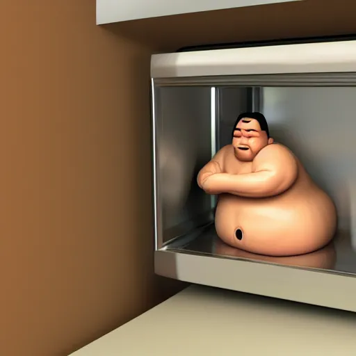 Image similar to 3 d render of a sumo wrestler trapped inside of a microwave