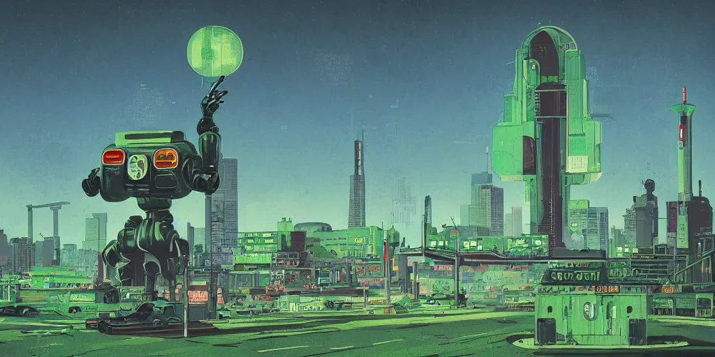 Prompt: retrofuturistic robot in panel post soviet city landscape in style of Simon Stalenhag, green colour scheme