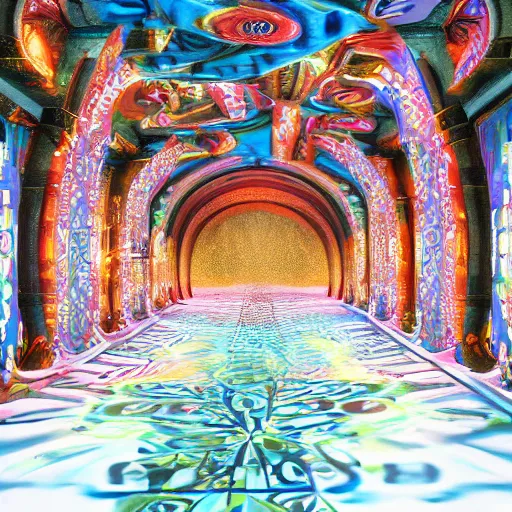 Image similar to underground cinema, realistic architecture, colorfull lights, octane render, 4k, 8k, fractals, psychedelic