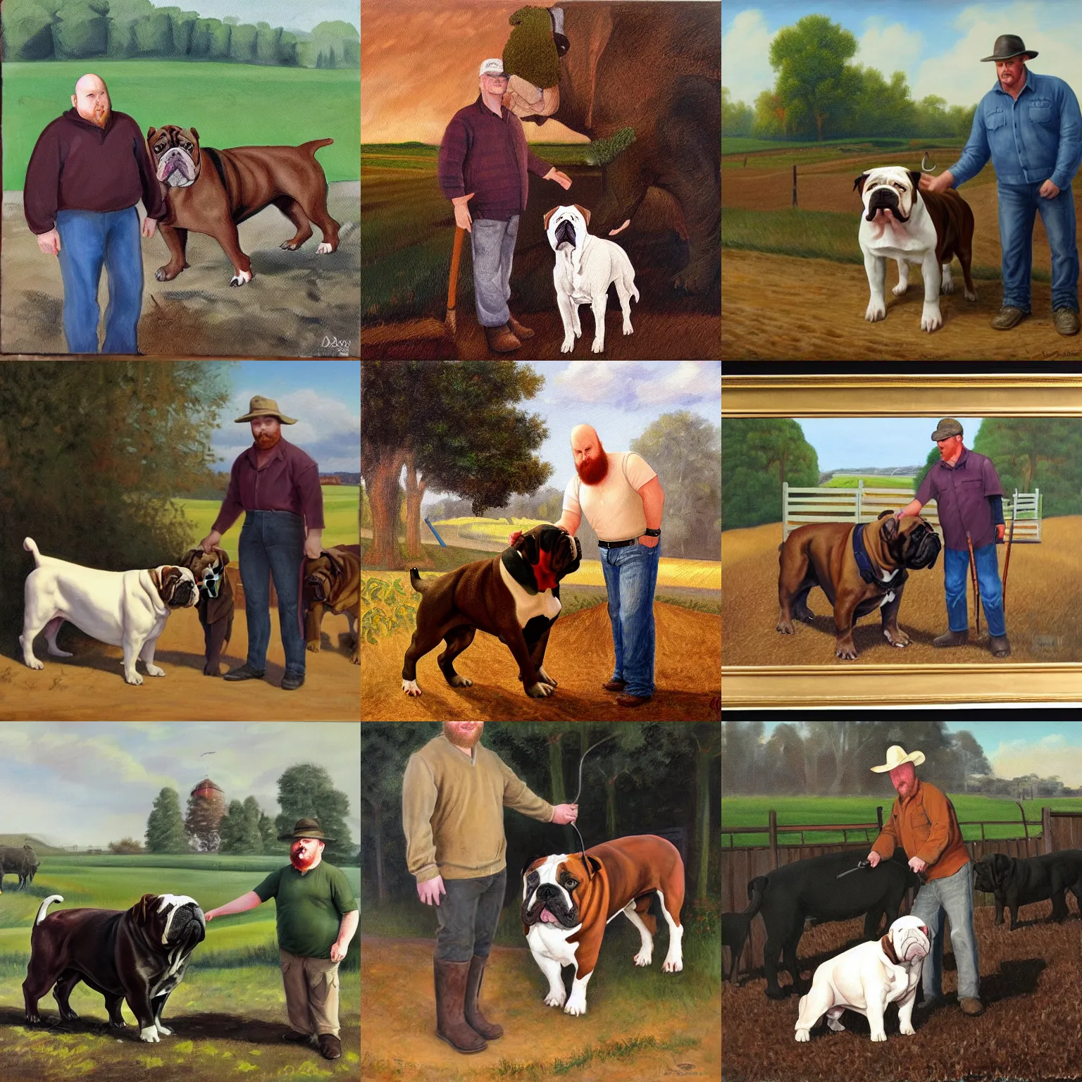 Prompt: painting of angriestpat as a farmer standing next to a giant and very square dark brown english bulldog by william henry davis