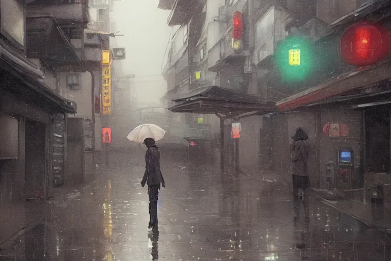 Image similar to a painting of a malfunctioning robot in a rain soaked back street in osaka, digital art, trending on artstation, by studio ghibli and greg rutkowski. spirited away. trending on artstation, hyperrealism, unreal engine