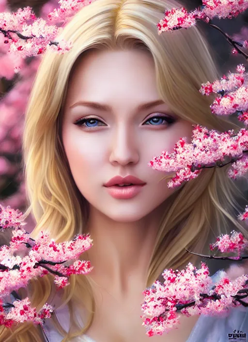 Image similar to photo of a gorgeous blonde female in the style of stefan kostic, realistic, half body shot, sharp focus, 8 k high definition, insanely detailed, intricate, elegant, art by stanley lau and artgerm, extreme blur cherry blossoms background