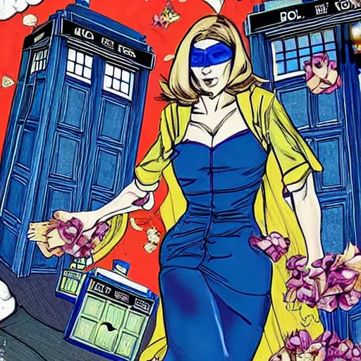 Prompt: rosamund pike with dark - hair as the doctor, wearing a colourful floral patterned suit, in the background is the tardis, bold complementary colours, 2 d matte, comic book art, art by michael choi and joe madureira,
