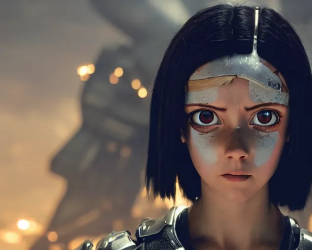 Prompt: a beautiful film still from battle angel alita played by actress millie bobby brown, futuristic, cinematic lighting, photorealistic, lifelike, highly detailed, photorealistic, high resolution