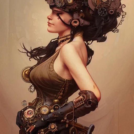 Prompt: woman, steampunk, intricate, elegant, highly detailed, digital painting, artstation, concept art, smooth, sharp focus, illustration, art by artgerm and greg rutkowski and alphonse mucha