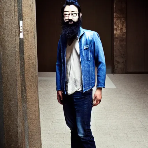 Image similar to japanese man with beard wearing short denim and leather clothes, full body portrait, dynamic lighting