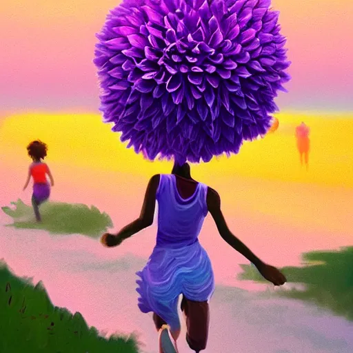 Image similar to portrait, giant purple dahlia flower head, woman running at orange beach, surreal photography, sunrise, blue sky, dramatic light, impressionist painting, digital painting, artstation, simon stalenhag