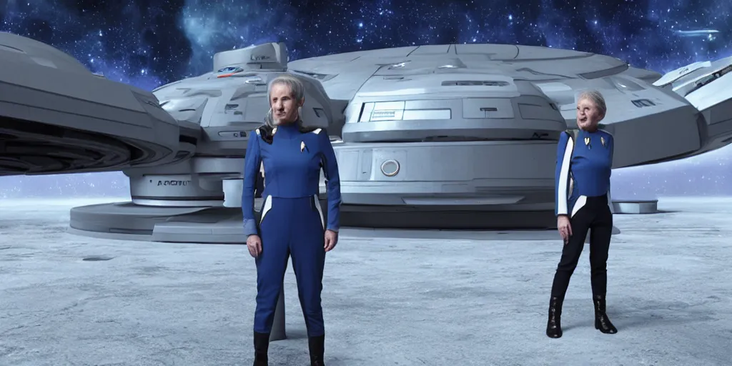 Prompt: a woman in a star trek uniform standing in front of a machine, a screenshot by René Auberjonois, cg society contest winner, retrofuturism, uhd image, elite, sci-fi