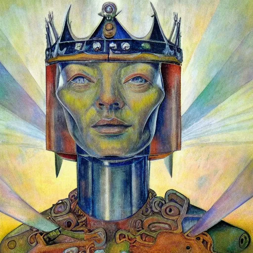 Image similar to the robot crown, by Annie Swynnerton and Diego Rivera, symbolist, dramatic lighting, elaborate geometric ornament, Art Brut ,god rays, soft cool colors,smooth, sharp focus, extremely detailed, Adolf Wölfli