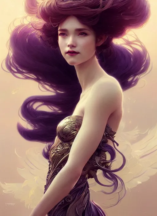 Image similar to portrait of woman with flowy hair, wings, confident pose, pixie, genshin impact, intricate, elegant, sharp focus, soft bokeh, illustration, highly detailed, concept art, matte, trending on artstation, bright colors, art by wlop and artgerm and greg rutkowski, mucha, giger, marvel comics